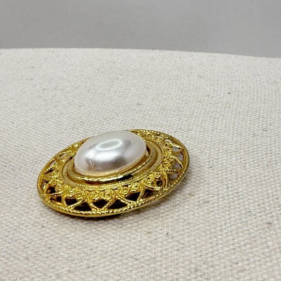 Vintage Scarf Pin Oval Imitation Pearl Gold-Tone Classic Old Money‎ Retro - Picture 3 of 10